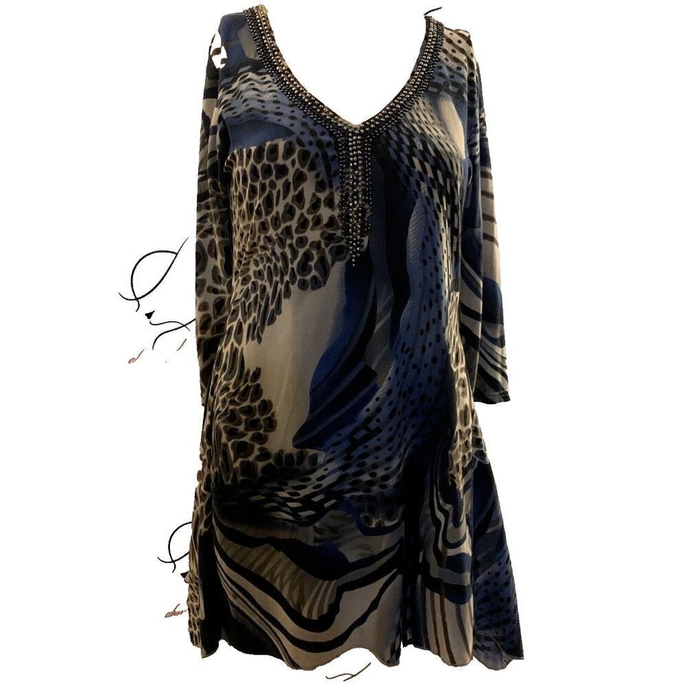 Merchant. Sz M (runs small). Beaded Asymmetrical Fit & Flare Stretch Dress. B94